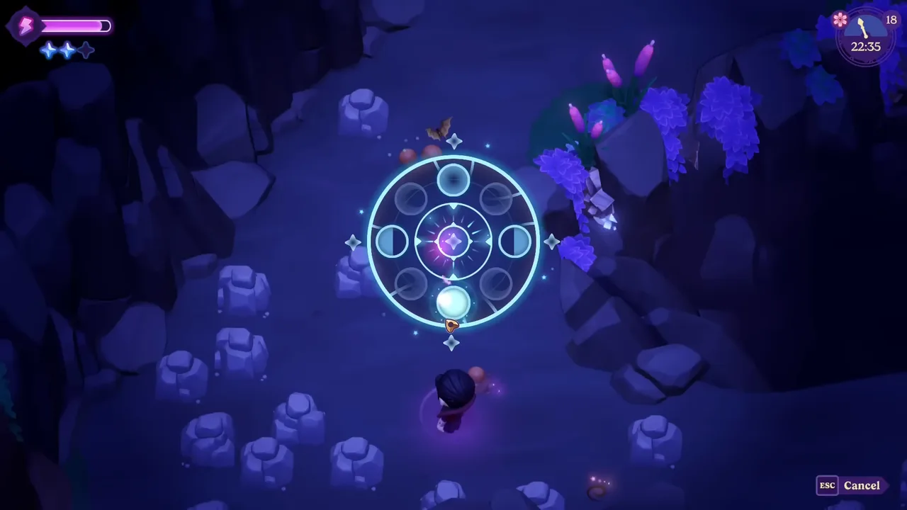 The spell-casting mini-game in Moonlight Peaks — a glowing circular rune pattern the player traces to cast a spell.