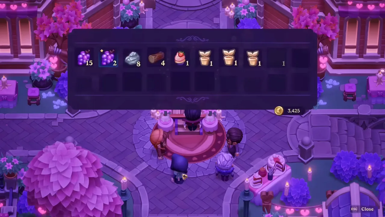 A café patio in Moonlight Peaks at night, with supernatural residents gathered around tables under lanterns.