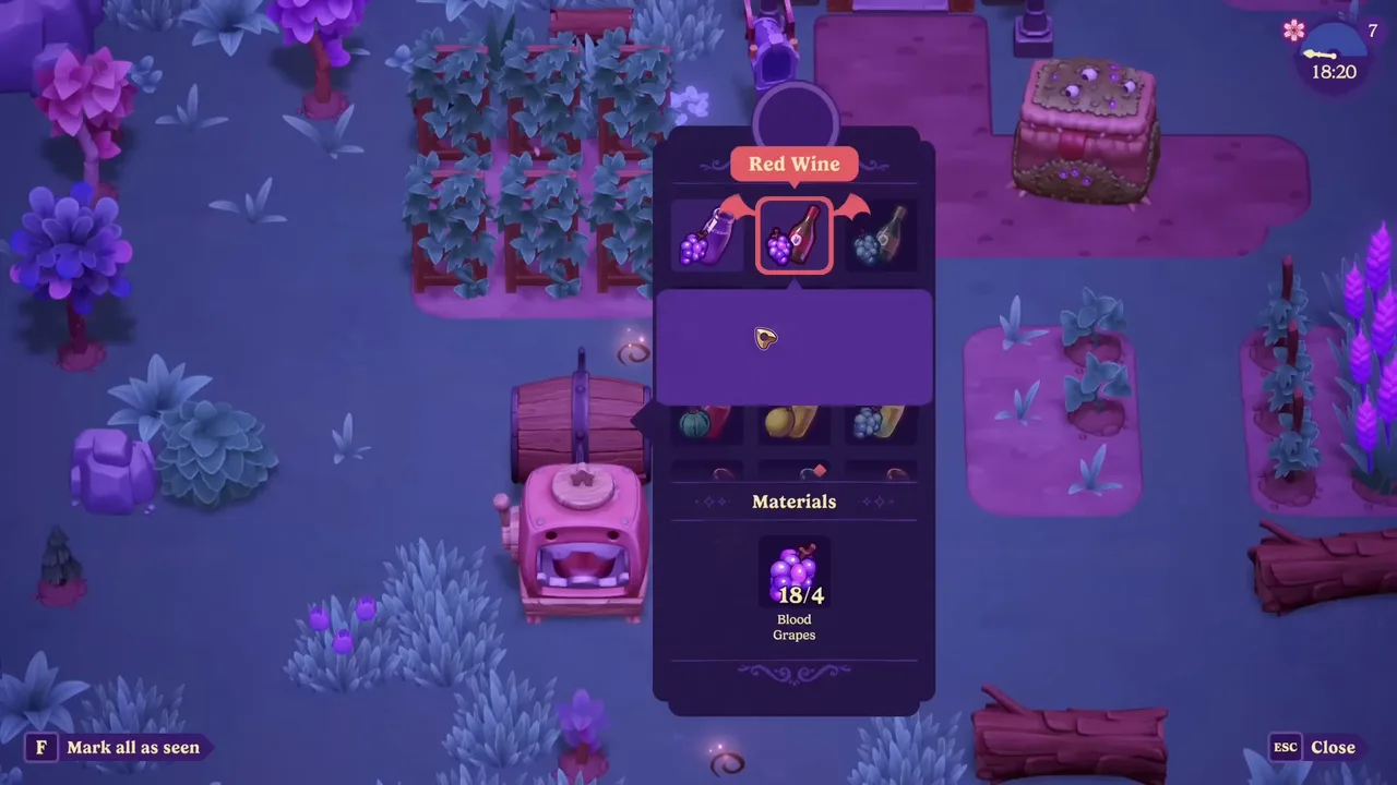 The wine-making menu open at a row of kegs on a Moonlight Peaks farm, turning blood grapes into red wine.