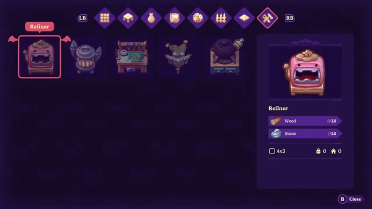 The build menu in Moonlight Peaks — placing a Refiner station, showing its wood and stone material cost.