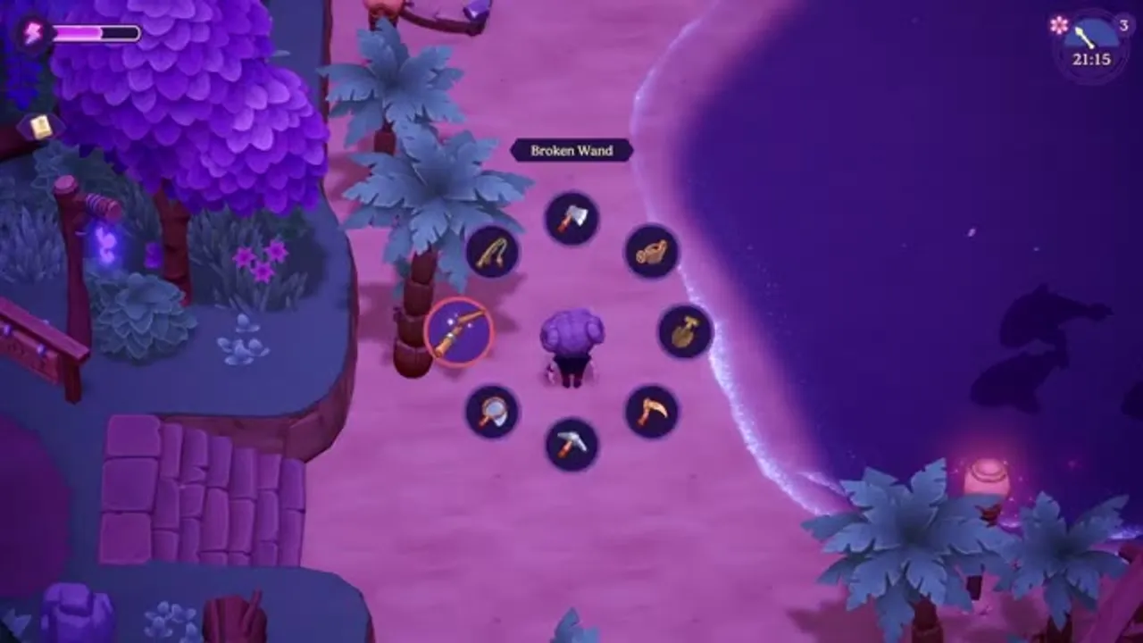 The tool wheel in Moonlight Peaks, a radial menu of farming tools around the player with a 'Broken Wand' selected.