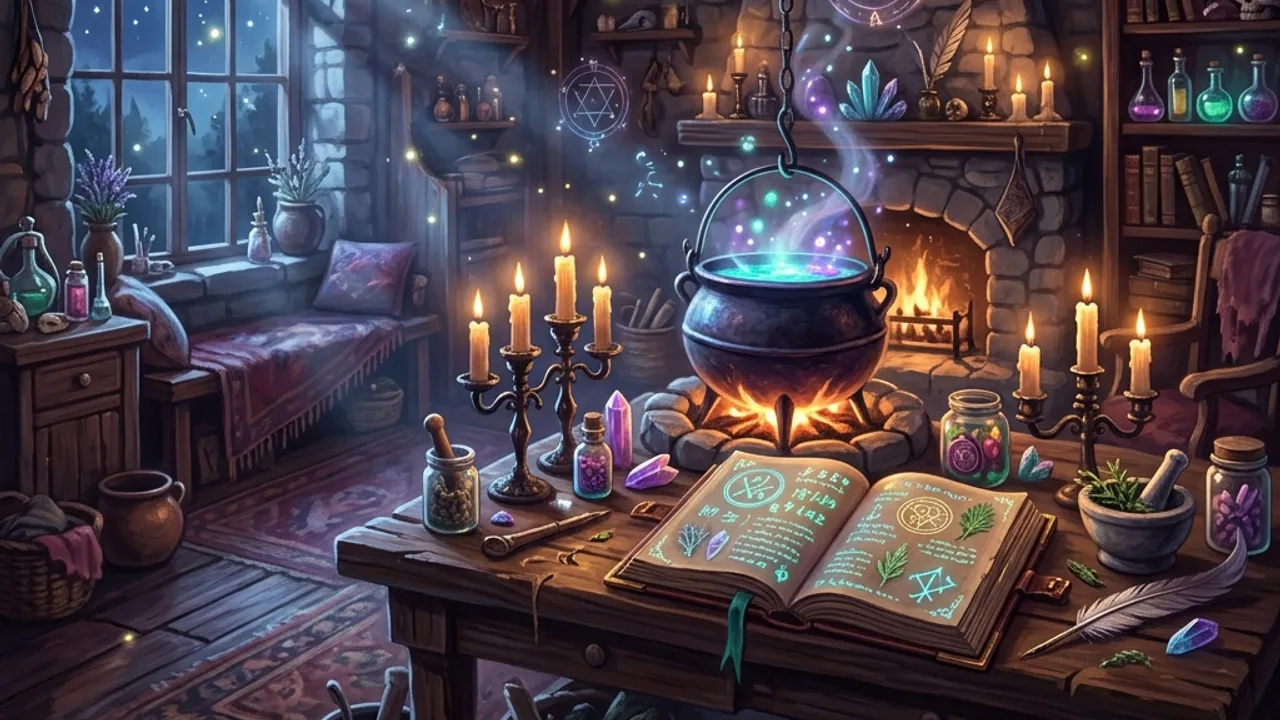 A witch's moonlit workshop with an open spellbook, glowing cauldron, dried herbs and candles.